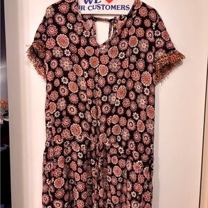 LOFT Black Floral Medallion Tie-Waist Midi Dress with Fringe Trim